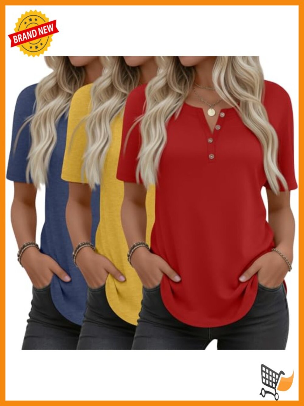 3 Pack Women's Henley T Shirts Curved Hem Crew Neck Short Sleeve Button Loose